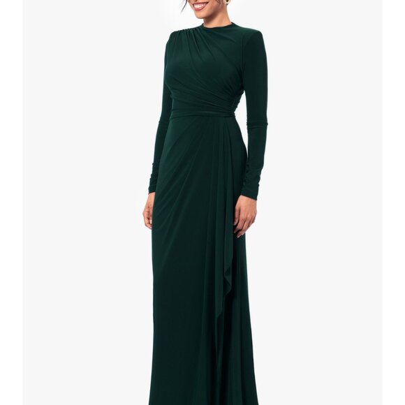 Betsy & Adam Emerald Green Long Sleeve Draped Gown Size 10 Elegant Formal Evenin - Picture 1 of 8